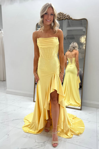 Mermaid Strapless Yellow Pleats Corset Long Prom Dresses with Ruffle Slit VK26012509