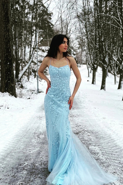 Blue Mermaid Tulle Backless Long Prom Dress with Lace VK23092301