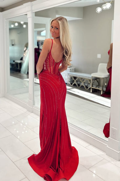Mermaid Spaghetti Strap Sweetheart Red Corset Beads Prom Dresses with Slit VK26012704