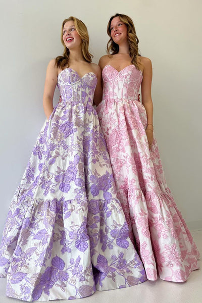 A-Line Sweetheart Floral Printed Long Prom Dresses VK24030703