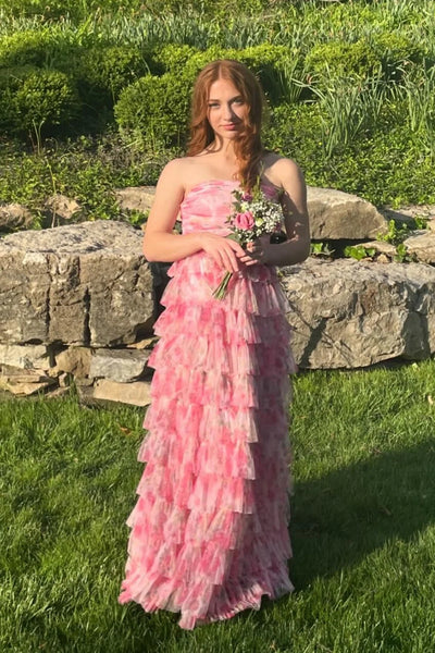 Fairy A Line Strapless Floral Tulle Tiered Prom Dress VK020104