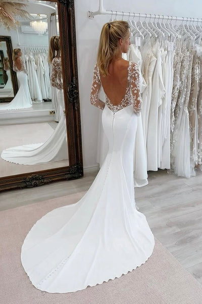 Elegant Mermaid V Neck Long Sleeves Wedding Dress with Lace VK25052511