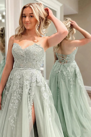 A-Line Sweetheart Sage Green Tulle Lace Long Prom Dresses VK23091005