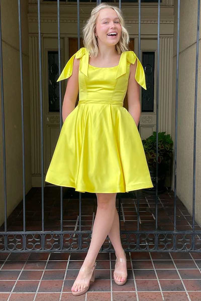 A-Line Yellow Bow-Strap Short Homecoming Dress with Pockets VK23092103