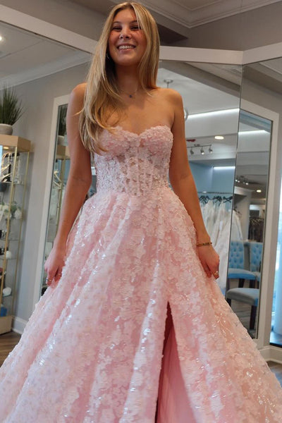 Cute A-Line Pink Flowers Lace Long Prom Dresses VK24012903