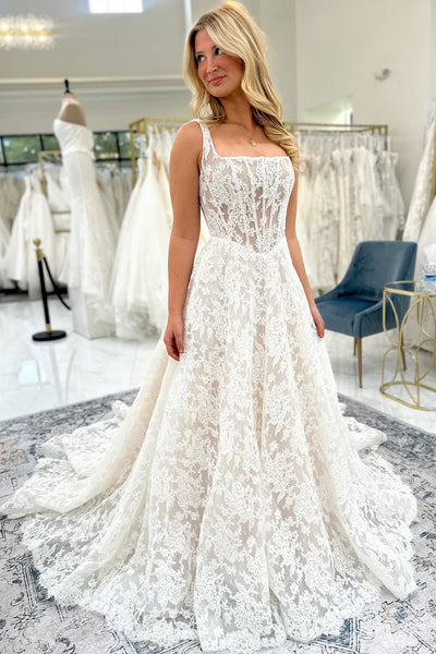 Gorgeous A Line Square Neck Lace Wedding Dress VK5111210