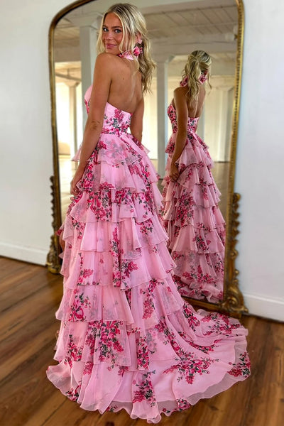 Fashion Mermaid Halter Keyholoe Floral Printed Chiffon Tiered Prom Dress VK25010402