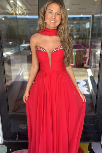 Fairy A Line V Neck Red Chiffon Prom Dresses with Beading VK25112302