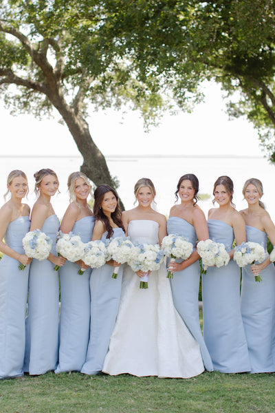Sheath Strapless Sky Blue Satin Long Bridesmaid Dresses VK26081301