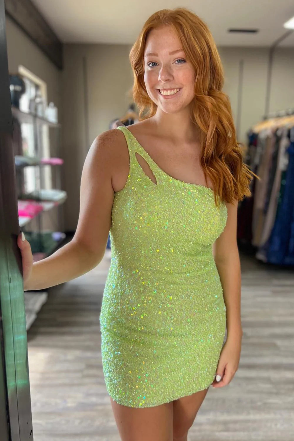 Sparkly Yellow Open Back One Shoulder Sequins Tight Homecoming Dress VK23092207