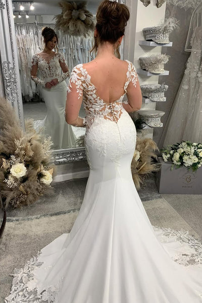 Gorgeous Mermaid V Neck Elastic Satin Wedding Dresses with Appliques VK25051704