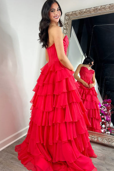 Cute A Line Sweetheart Red Chiffon Tiered Slit Prom Dresses VK13120906
