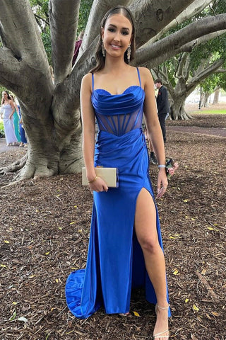 Royal Blue Cowl Neck Sheer Bodice Long Formal Dress with Slit VK23122102