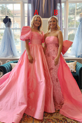 Pink Sweetheart Puff Sleeves A-Line Long Prom Dresses VK24031105
