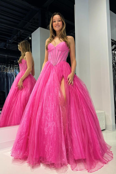 Pink Strapless Organza A-Line Long Prom Dresses with Beading VK24041002