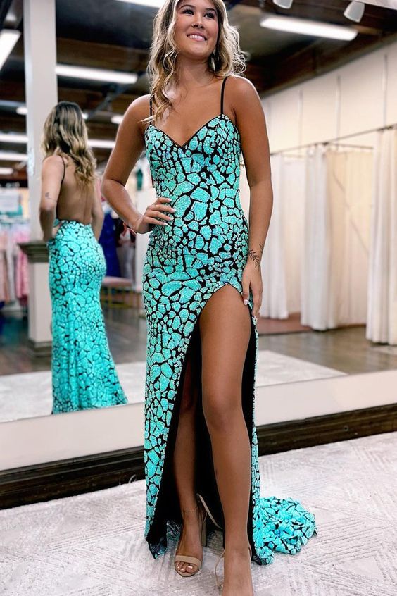 Cute Mermaid V Neck Green Sequins Lace Long Prom Dresses with Slit VK24100711