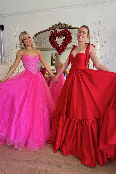 Pink Strapless Tulle A-Line Long Prom Dresses VK24022603