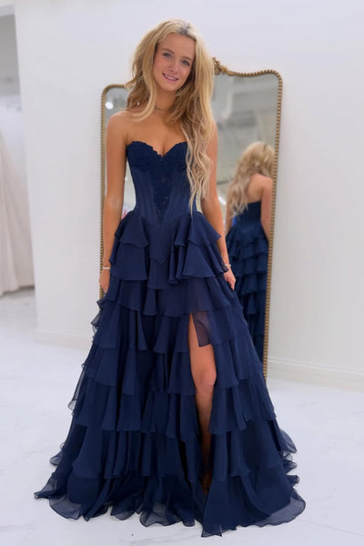 A-Line Strapless Yellow Ruffle Tiered Chiffon Prom Dresses with Slit VK26012610