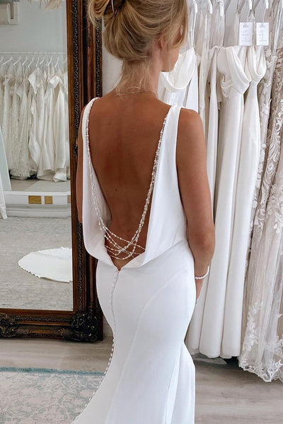 Charming Mermaid V Neck Backless White Soft Satin Wedding Dresses VK23081903