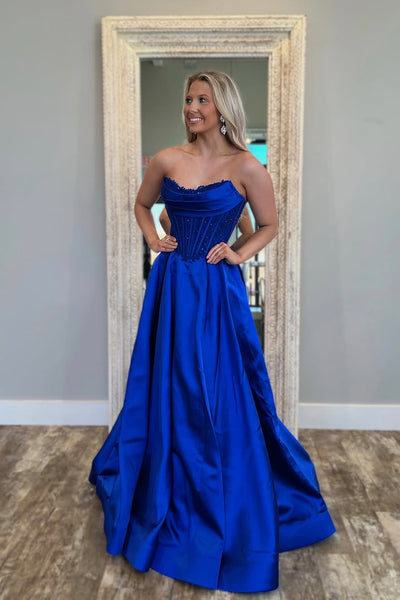 A-Line Strapless Royal Blue Satin Long Prom Dresses with Pockets VK25031504