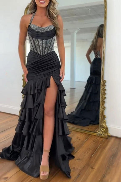 Black Mermaid Halter Satin Tiered Corset Beaded Prom Dress with Slit VK26011601