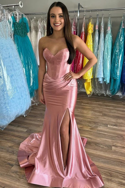 Mermaid Sweetheart Blush Satin Prom Dress with Slit VK25010401
