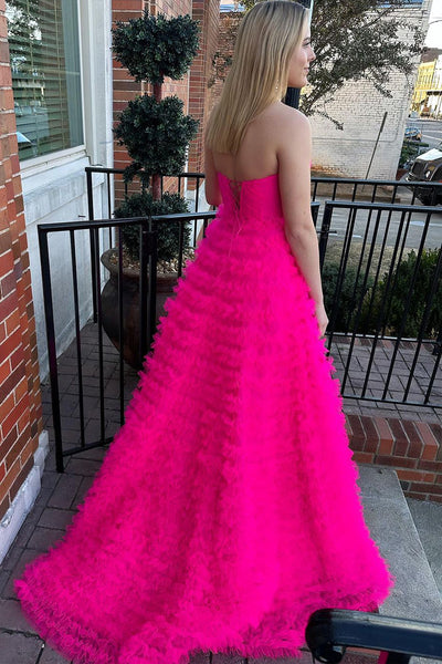 Hot Pink Strapless Tiered Tulle Long Prom Dresses VK23112403