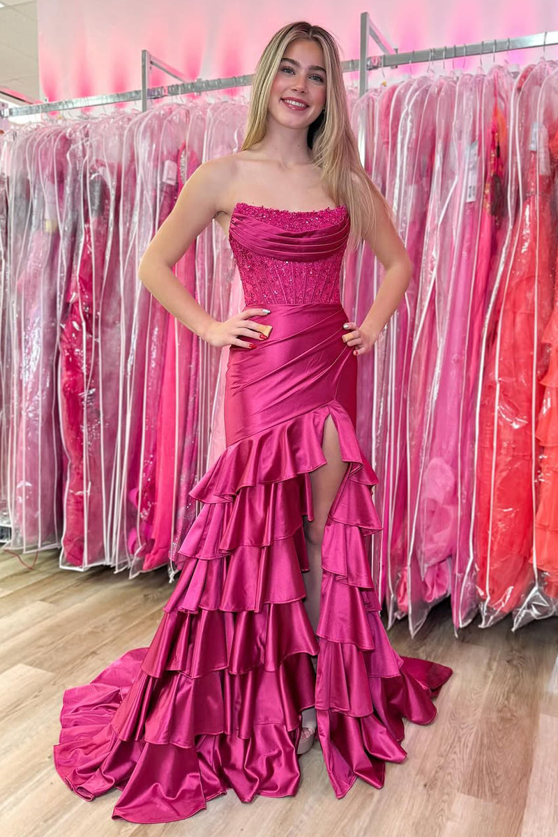 Charming Mermaid Sweetheart Pink Satin Prom Dress with Slit VK25060505
