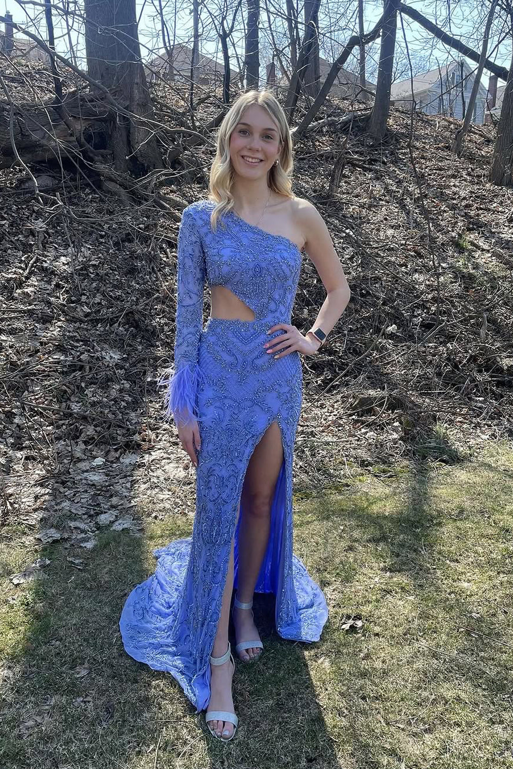 Mermaid One Shoulder Long Sleeve Lavender Sequins Long Prom Dresses with Slit VK25031608