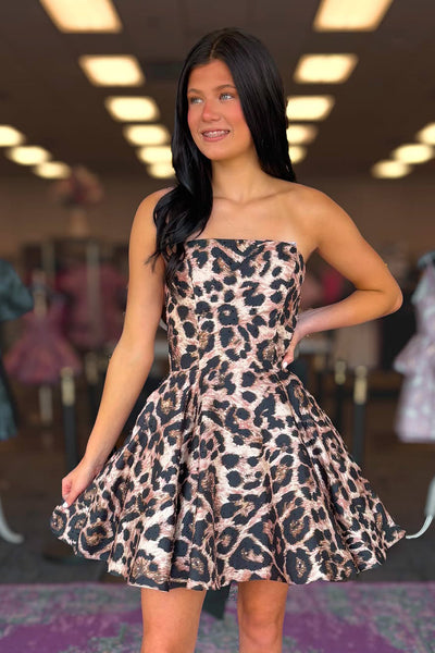 Fashion A Line Stapless Floral Leopard Homecoming Dress with Bow VK26062109