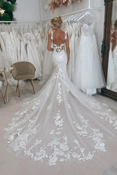 Elegant Mermaid Square Neck Lace Wedding Dress with Appliques VK061501