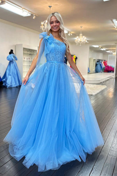 Light Blue One Shoulder Tulle Long Prom Dresses with Lace Appliques VK24011905