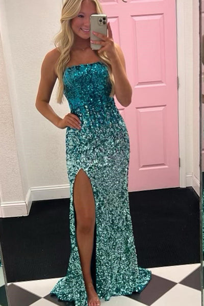 Sparkly Mermaid Strapless Two-color Sequins Long Prom Dress with Ruffle VK26030811