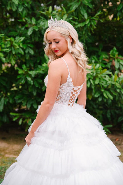 Fairy Ball Gown V Neck White Tulle Long Prom Dresses with Appliques VK24101512