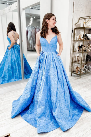 Blue V Neck Satin A-Line Prom Dresses with Pockets VK24051103