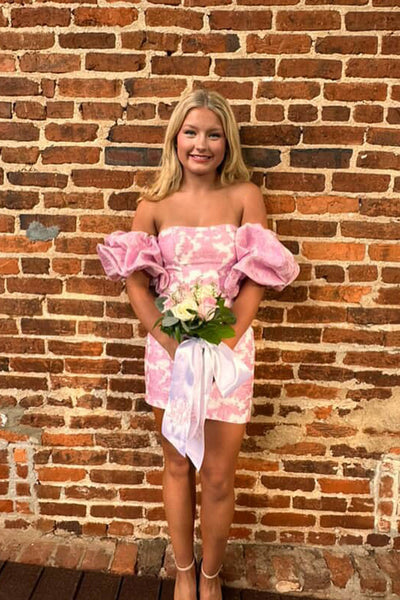 Bodycon Strapless Pink Jacquard Satin Homecoming Dress with Sleeves VK25100706