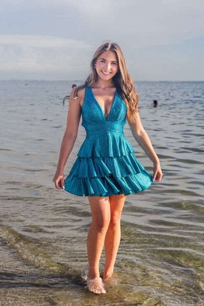 A-Line V Neck Ruffle Tiered Satin Beads Short Homecoming Dresses VK26081206