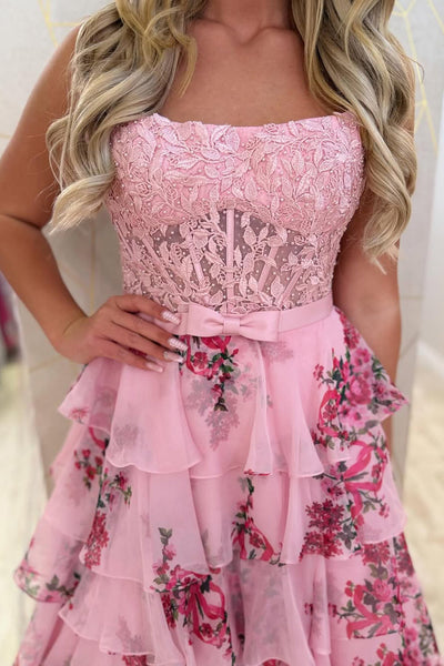 Cute A Lien Square Neck Floral Chiffon Prom Dress VK26031803