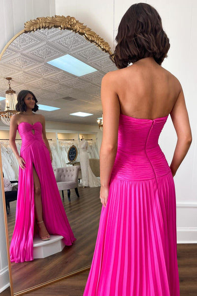 Hot Pink Strapless Keyhole Pleated A-Line Prom Dress VK23122704