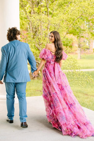 Gorgeous Ball Gown Tiered Pink Floral Tulle Prom Dress VK25060502