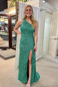 Green One Shoulder Sequin Mermaid Long Prom Dresses VK24012004