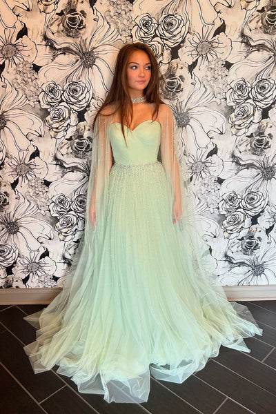 Cute A Line Sweetheart Light Green Tulle Prom Dress with Beading