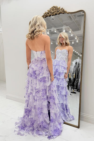 Cute A-Line Sweetheart Ruffle Tiered Floral Printed Chiffon Long Prom Dresses with Slit VK26020909