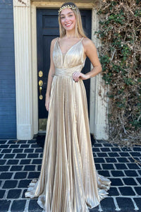 Plunging V-Neck Gold Pleated Long Prom Dress VK23110308