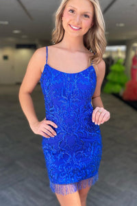 Royal Blue Sheath Scoop Neck Sequins Homecoming Dresses with Fringes VK23081910