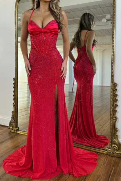 Mermaid Spaghetti Straps Red Corset Beads Long Prom Dresses with Slit VK26020101
