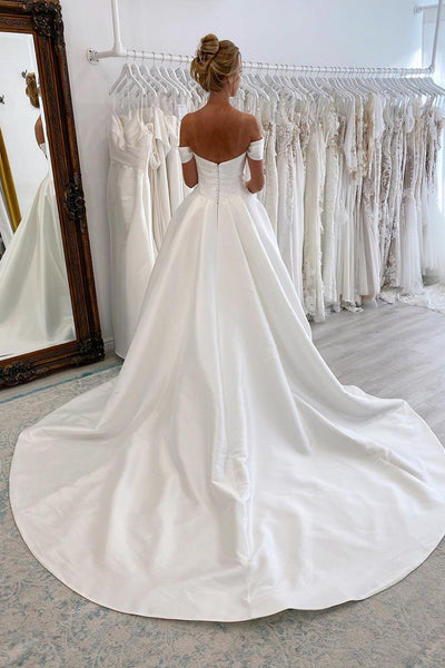 Elegant A-Line Off the Shoulder White Satin Wedding Dresses VK23121305