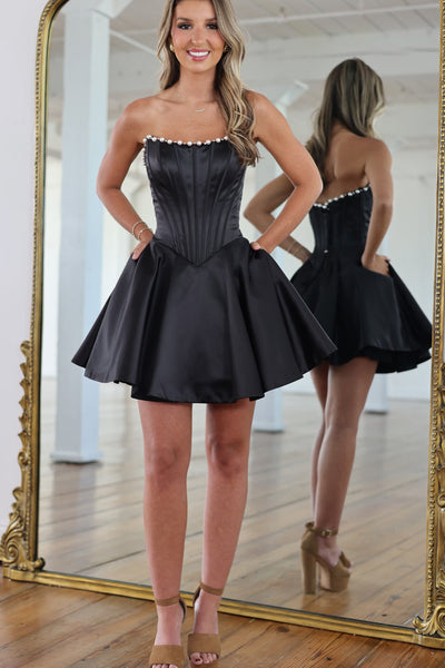 A Line Scoop Neck Black Satin Homecoming Dress with Beading VK26080904