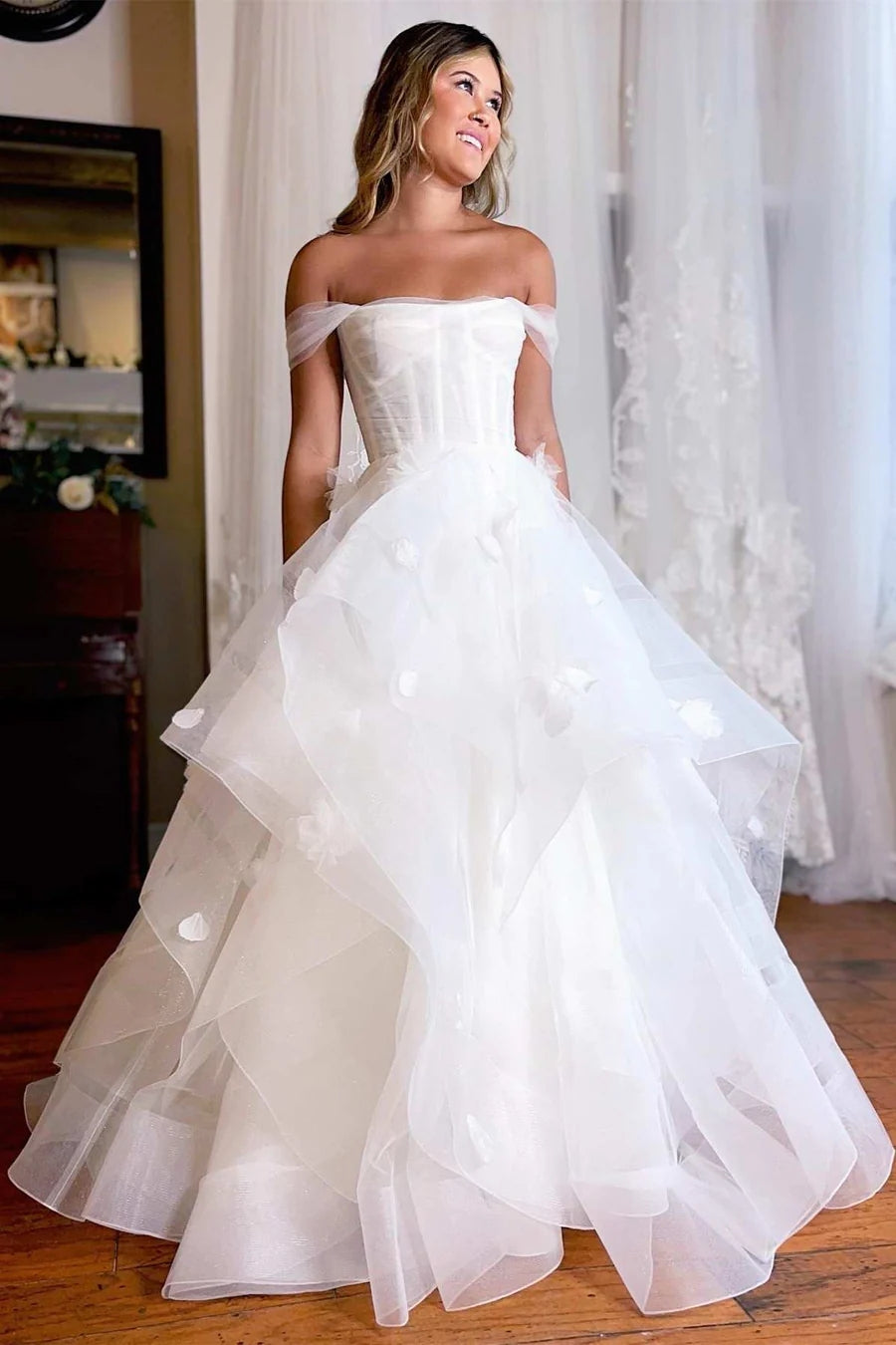 White Off-the-Shoulder Tiered A-Line Wedding Dress with Flowers VK23062604