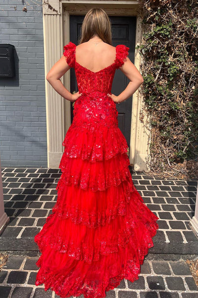 Cute A-Line Sweetheart Red Sparkle Lace Long Prom Dress with Slit VK23090205